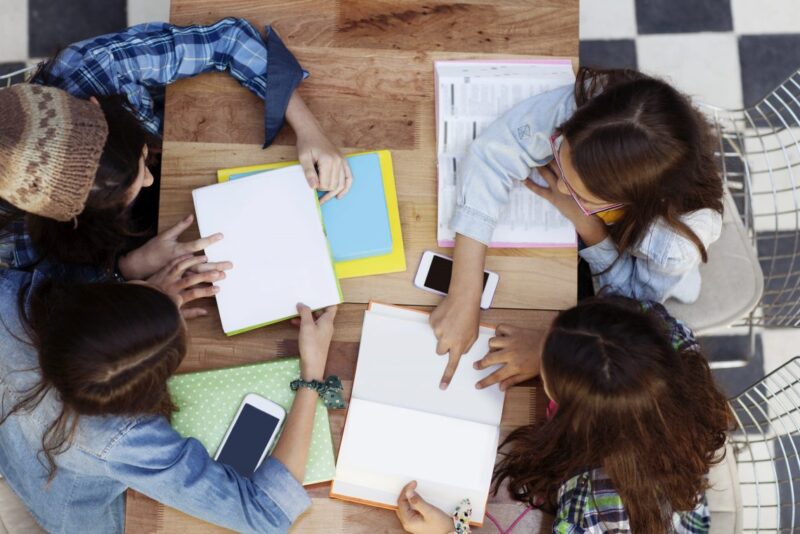 top view of students reviewing