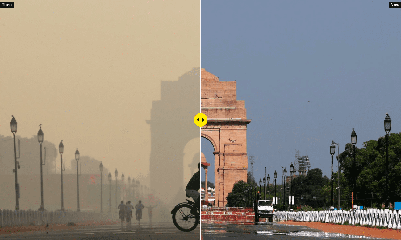 An image of New Delhi is split down the middle to show the before and after lockdown. The left is muggy and poluted, the right is clear and sunny