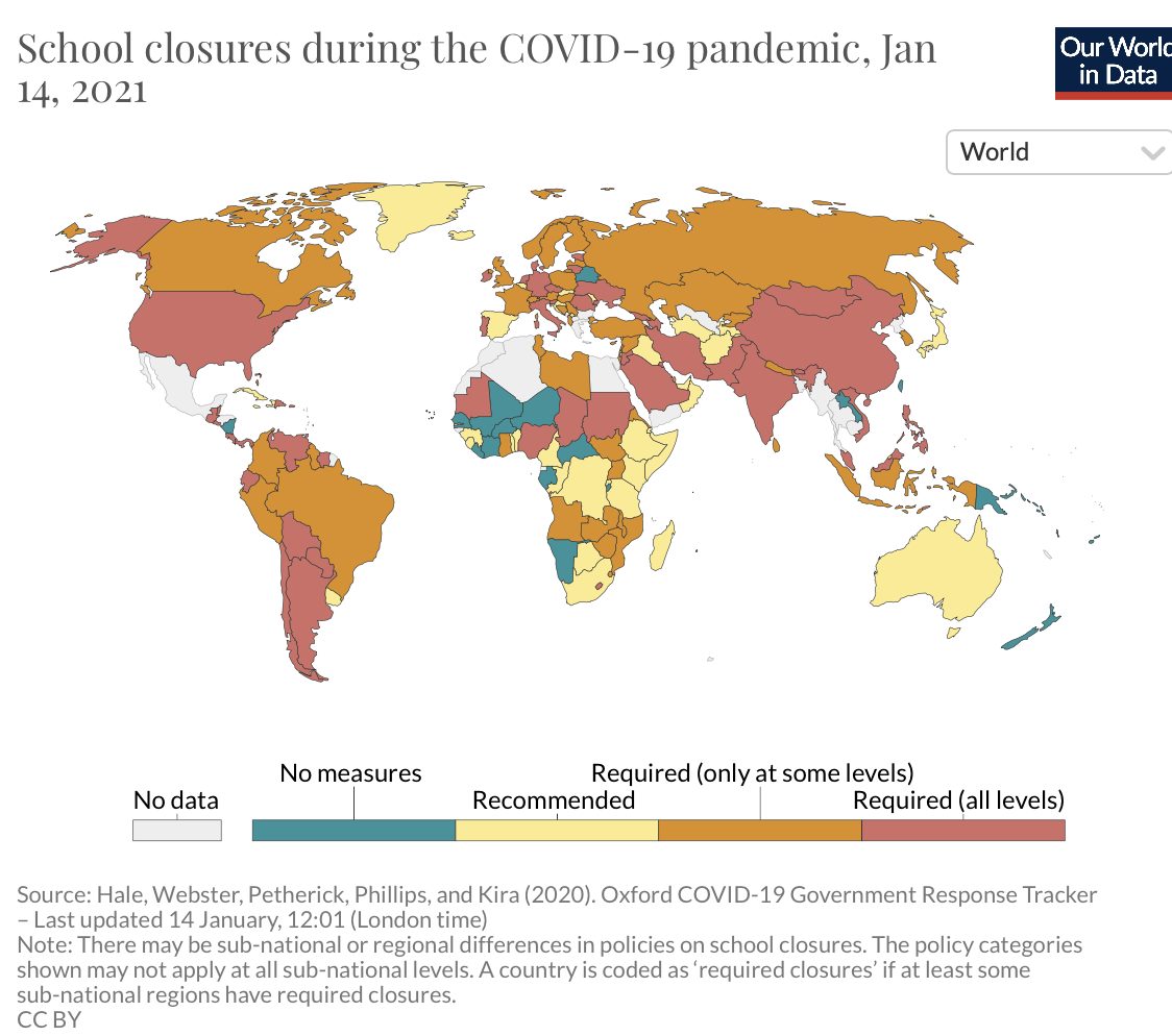 A map of the world shows which countries have closed their schools