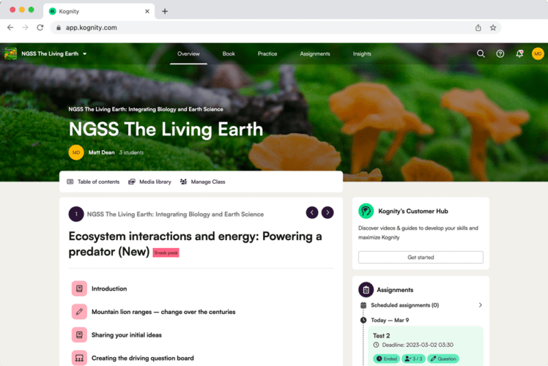 Kognity NGSS Biology book overview page
