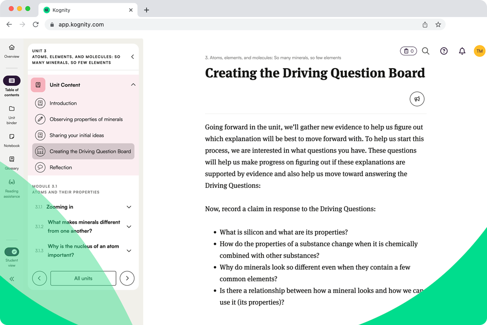 Screenshot of Kognity for NGSS Chemistry: creating the Driving Question Board