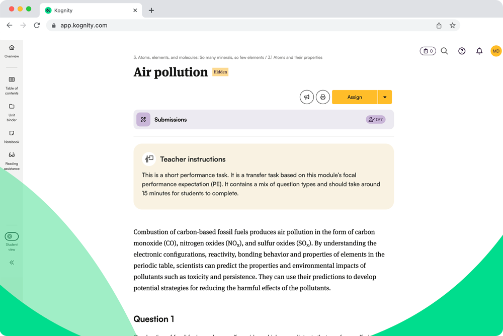 Screenshot of Kognity for NGSS Chemistry: air pollution