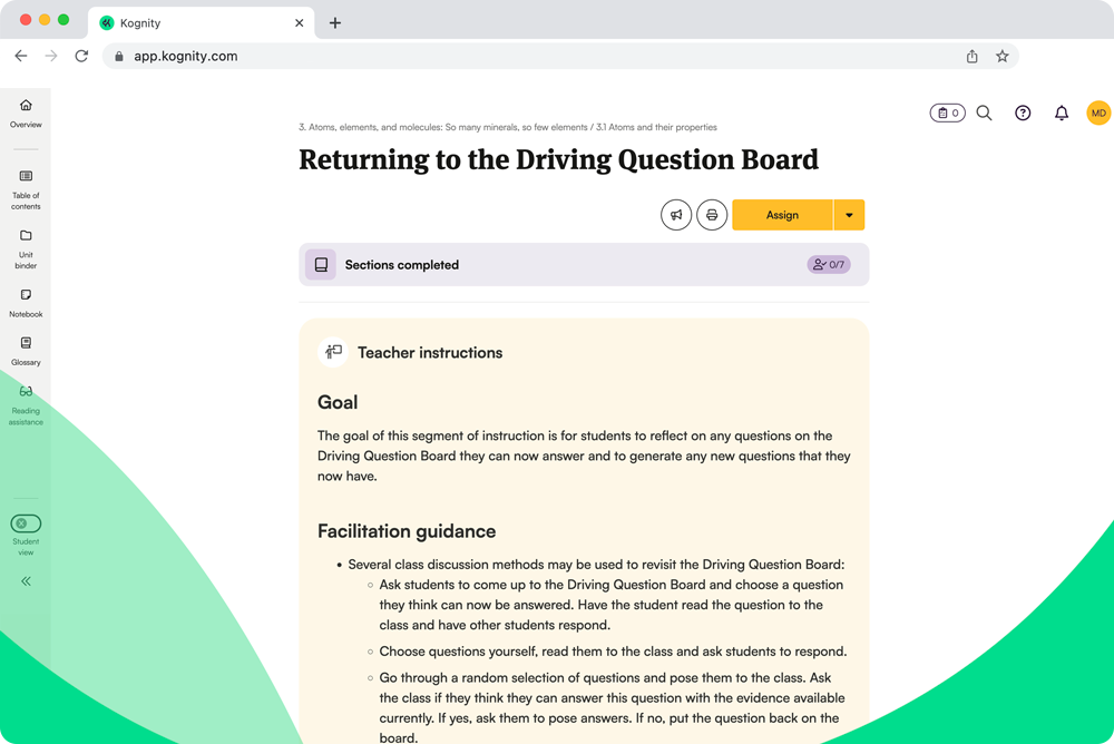 Screenshot of Kognity for NGSS Chemistry: returning to the DQB
