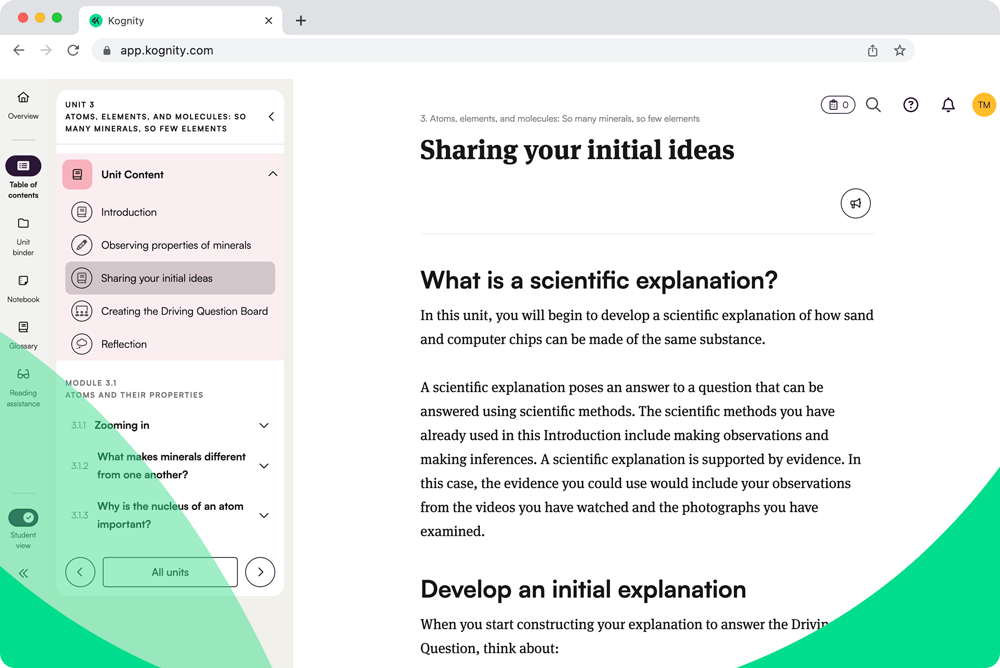 Screenshot of Kognity for NGSS Chemistry: sharing initial ideas