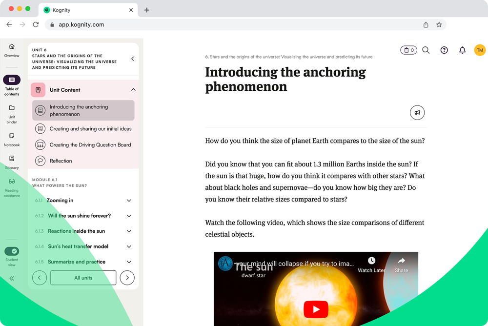 Kognity for NGSS Physics screenshot: introducing the anchoring phenomenon