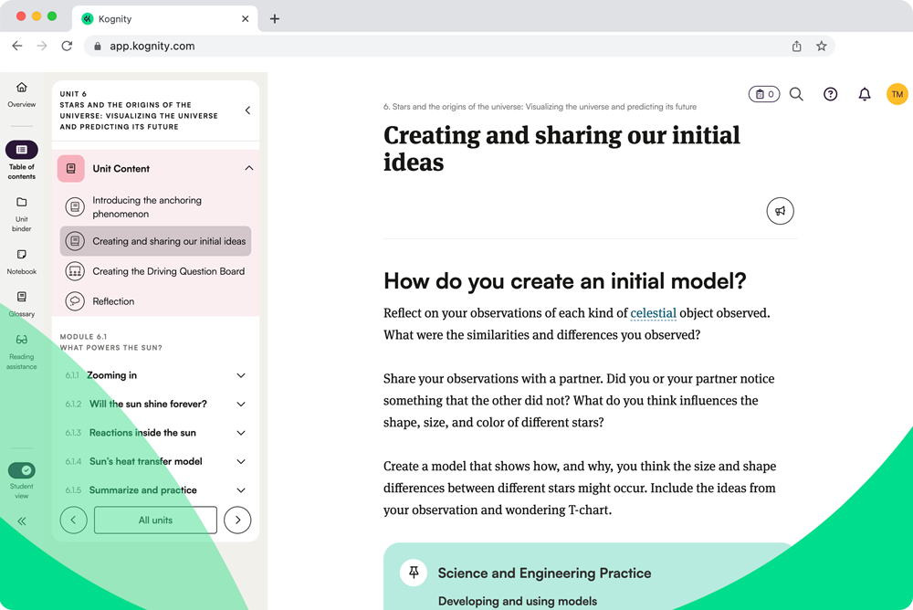 Kognity for NGSS Physics screenshot: creating & sharing ideas