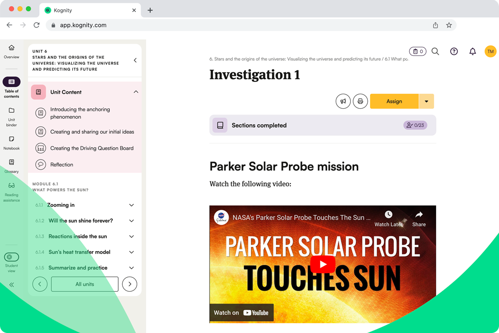 Kognity for NGSS Physics screenshot: investigation