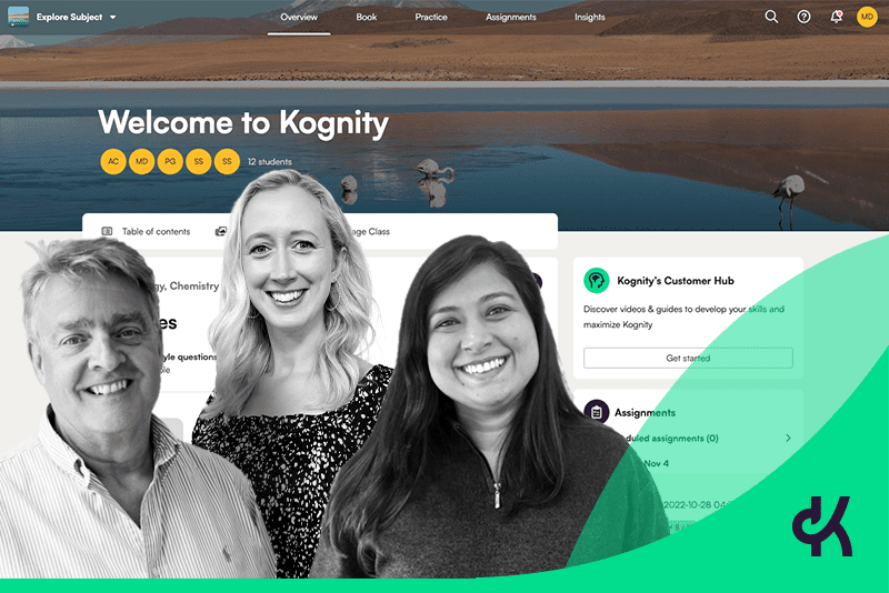 Screenshot of Kognity platform with three Kognity employees in the foreground