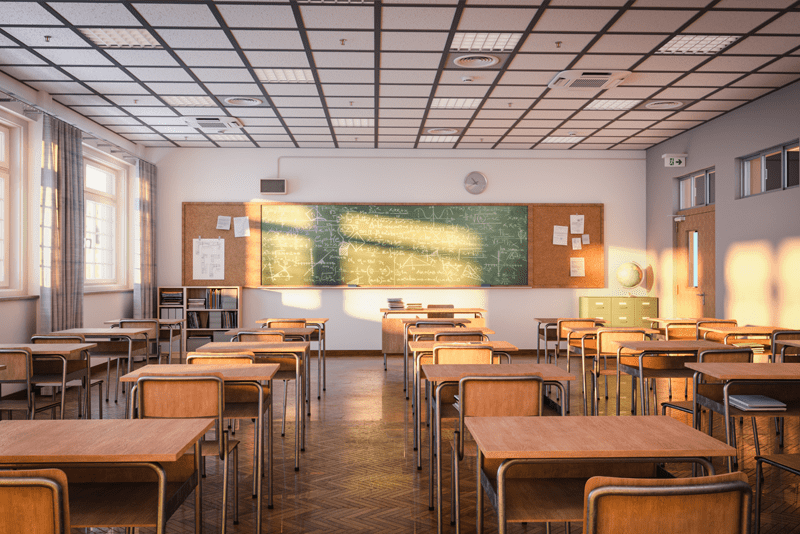 Classroom with chairs and blackboard