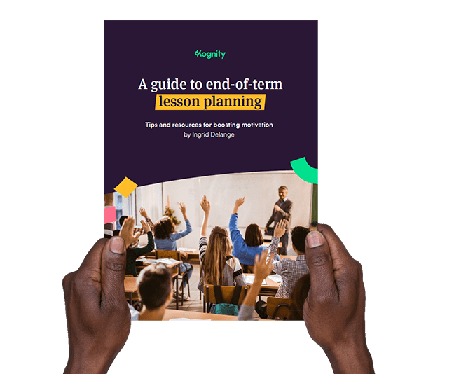 Hands holding Kognity end-of-year lesson planning guide
