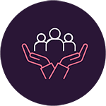 Open hands holding three people
