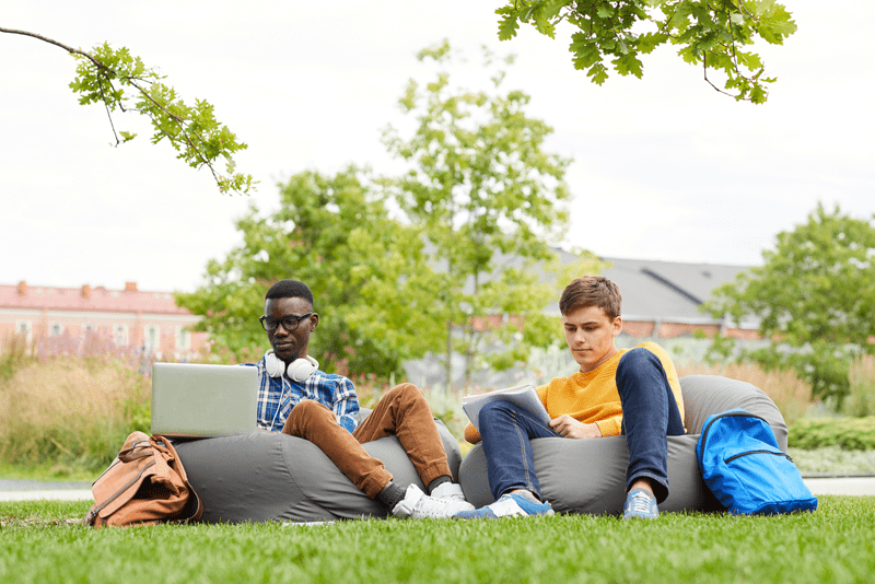 Two students sitting on bean bags in the grass with books and computers