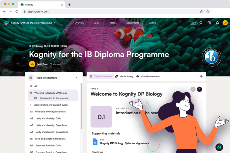 Homepage of Kognity for IB DP learning platform