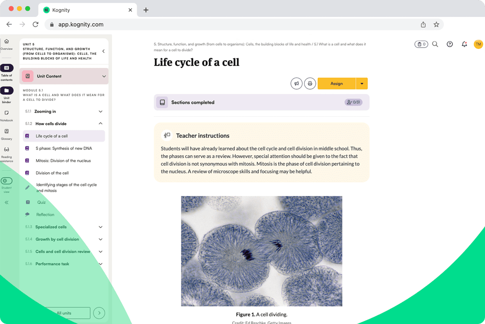 Kognity for High School Science platform screenshot