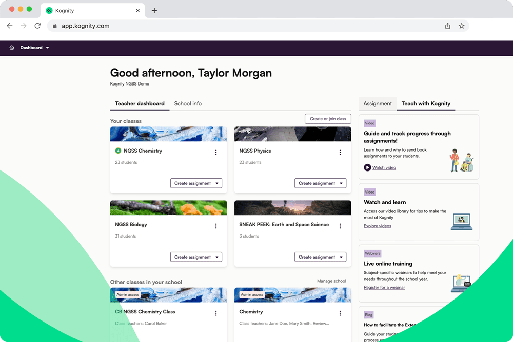 Kognity for High School Science platform screenshot