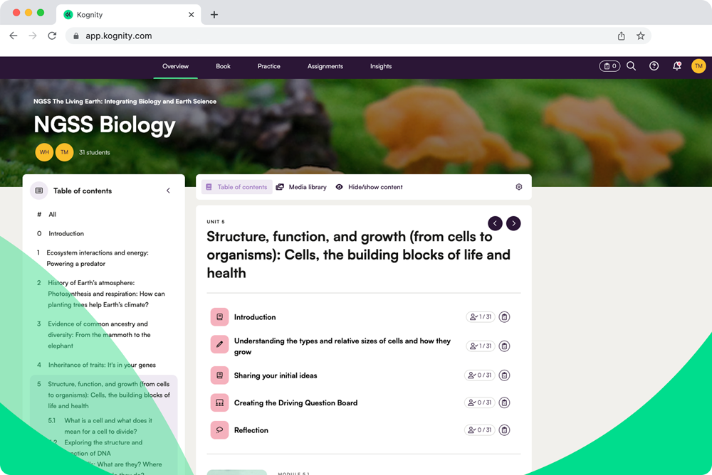 Kognity for High School Science platform screenshot