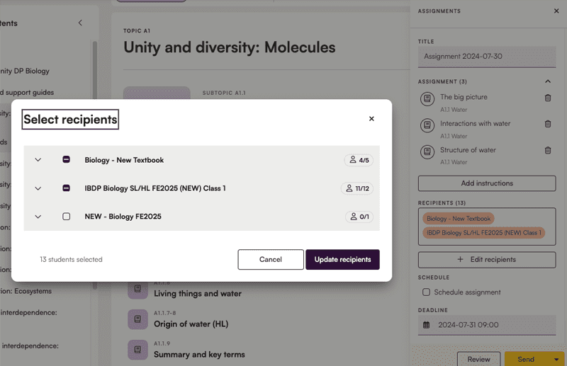 Interface showing question assignments in the Kognity platform